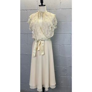 Vintage 1980s Cream Ivory Chiffon Lace Overlay Midi Dress Keyhole Neck Large